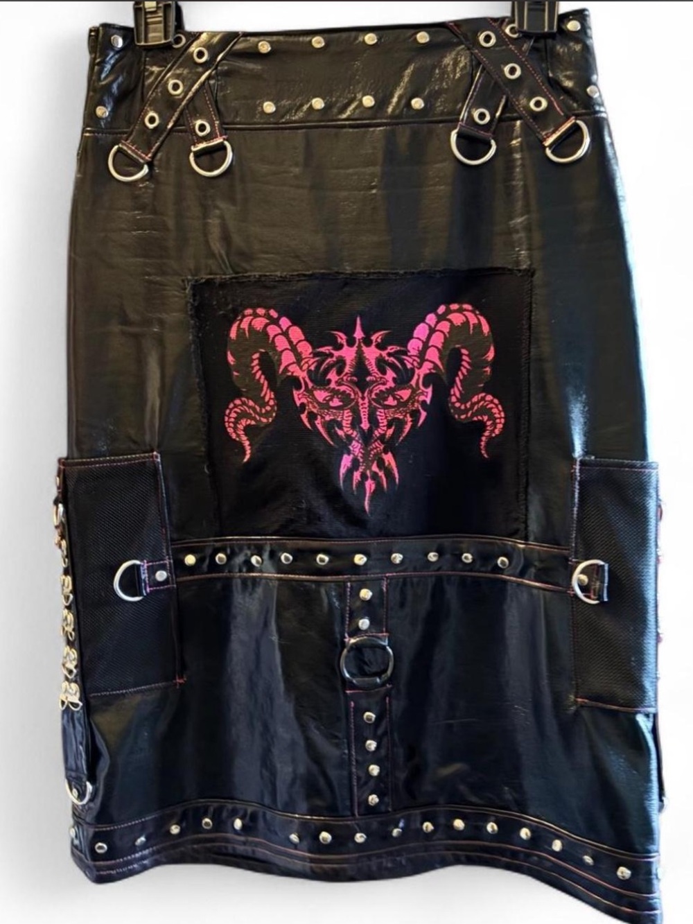 OOAK black and pink studded faux patent leather cyber midi skirt